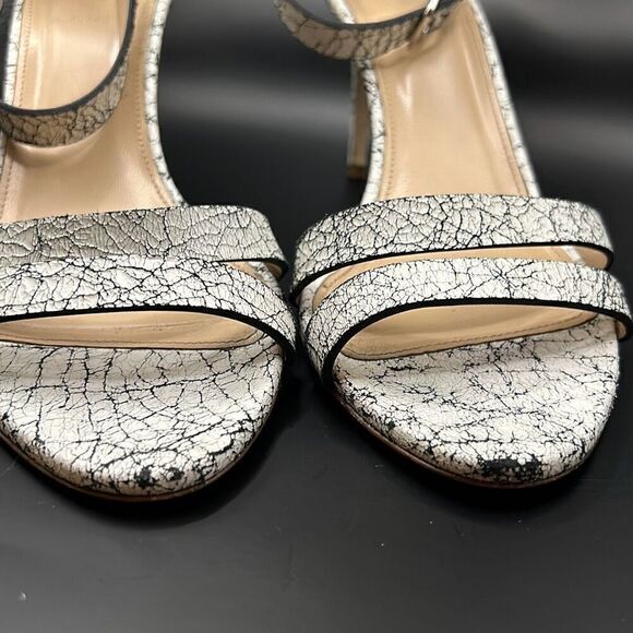 J Crew Size 9 Crackled Ankle Strap High Heel Leather Sandals White Black Marble - Picture 7 of 9
